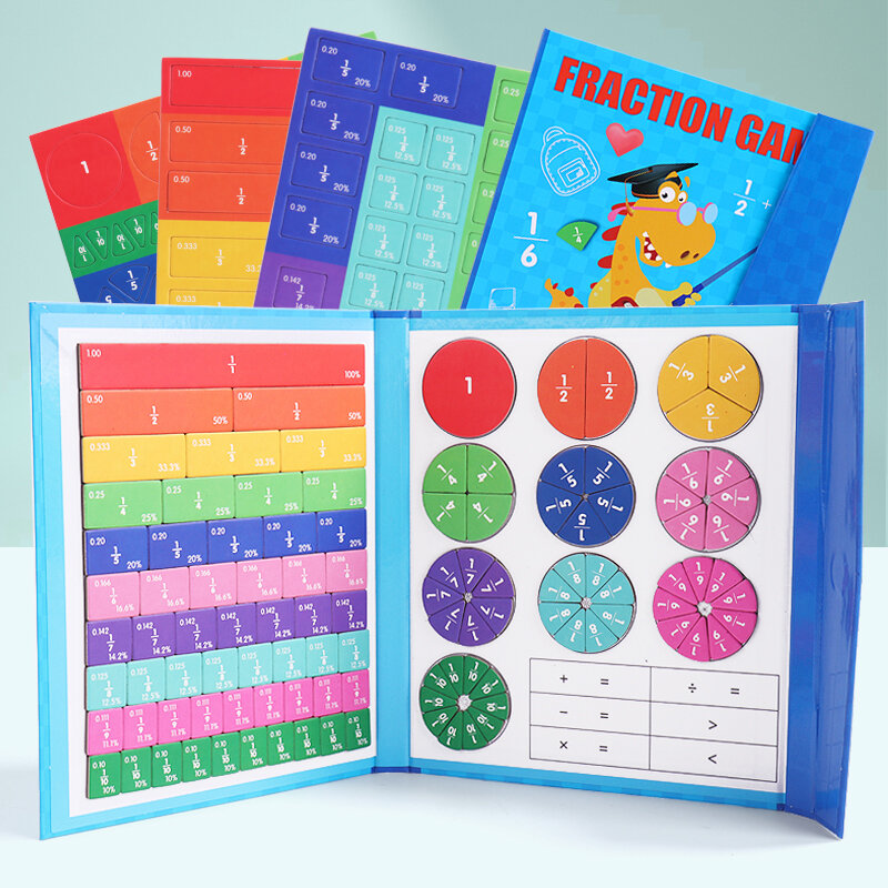 Crianças fração magnética aprendizagem matemática brinquedos fração de madeira conjunto livro paroquial ensino aids aritmética aprendizagem brinquedos educativos