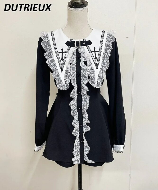 Styl japoński koronkowa szyta koszula z haftowanym krzyżem z długim rękawem i spodenkami z długim rękawem i spodenkami w kolorze czarnym, dwuczęściowy komplet
