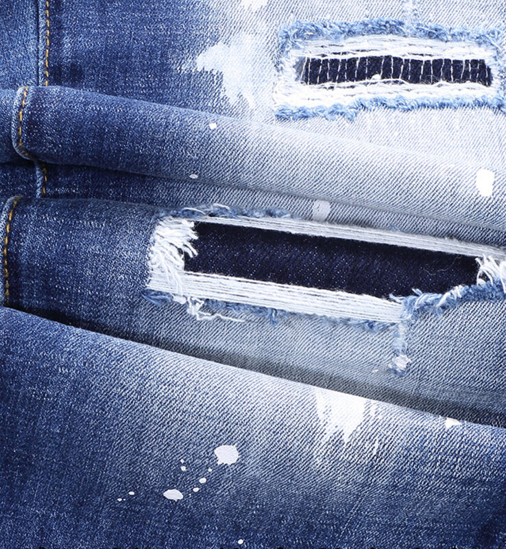 Джинсы мужские Стрейчевые в стиле ретро, Модные Синие рваные брюки из денима, винтажная эластичная ткань Slim Fit, с принтом, уличная одежда