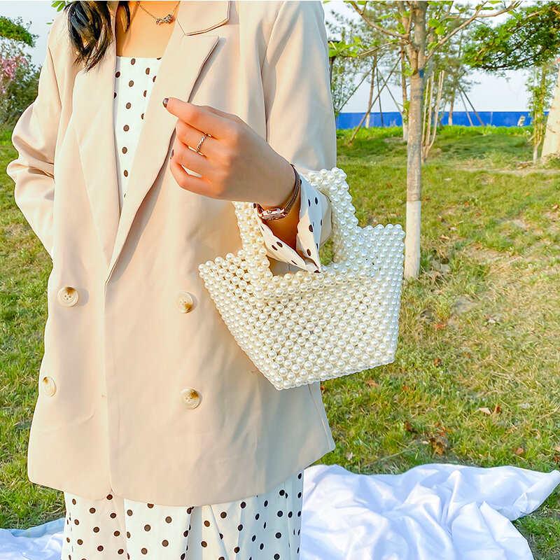 Bolso de mano personalizado con perlas para mujer, bolsa de mano de diseño hecho a mano con cuentas, tejido fresco, monedero