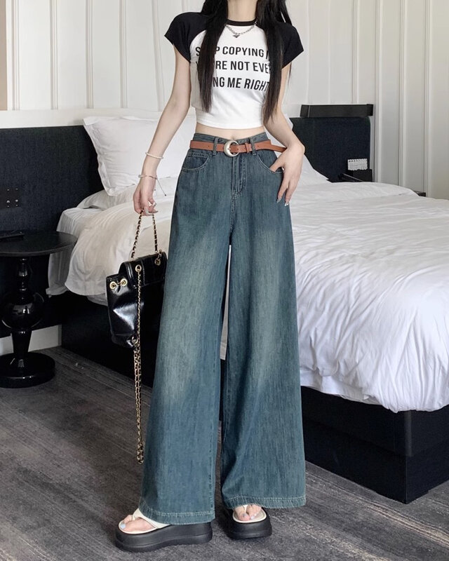 Calças jeans vintage americanas para meninas, finas, macias, grandes, novas, elegantes, soltas, picantes, pernas largas, verão, 2024