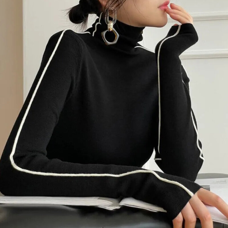 여성용 스트라이프 터틀넥 따뜻한 니트 스웨터 풀오버, 용수철 가을 Y2K 우아한 한국 오피스 레이디 심플 디자인 하의 점퍼