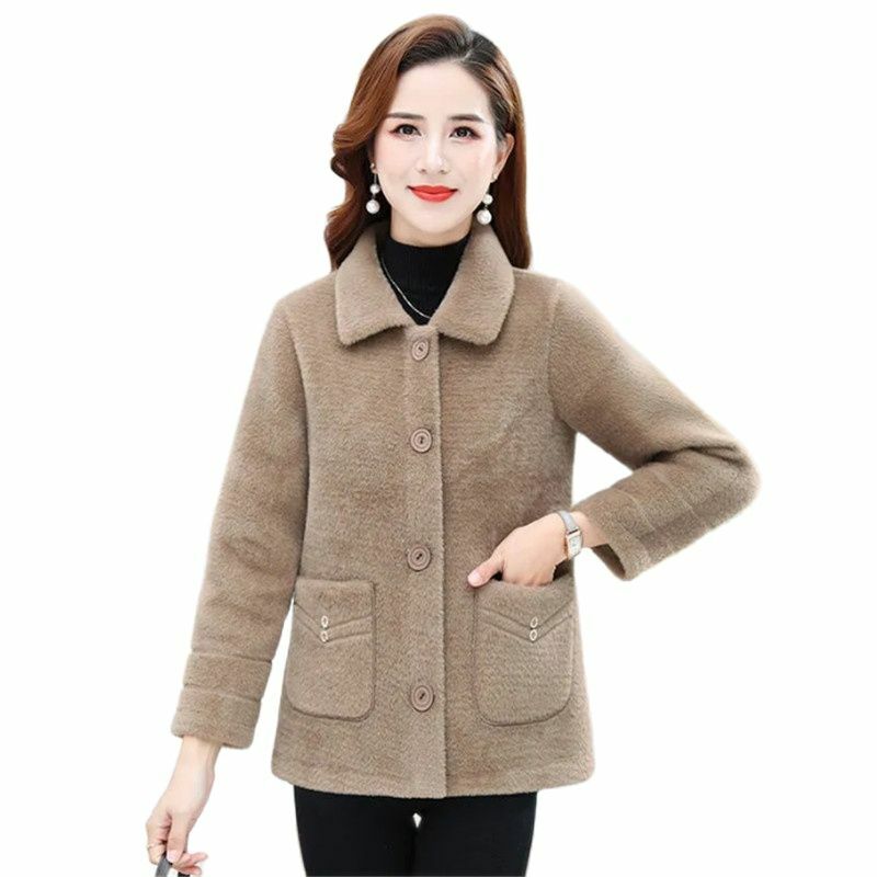 Abrigo corto de piel de visón para mujer, abrigo holgado de color puro con cuello vuelto, chaqueta de un solo pecho para otoño e invierno, novedad de 2023