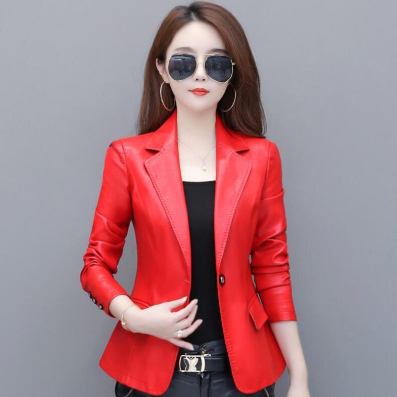 Jaqueta de couro genuíno feminina, casaco de pele de carneiro fino, jaqueta de couro real, blazer casual feminino preto e vermelho, moda coreana, primavera