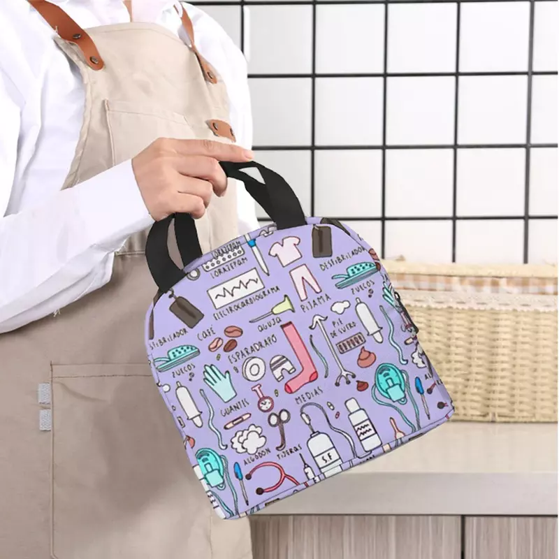 Kawaii Doctors Nurse Print Insulated Lunch Bags for Women Small Portable Lunch Box Totes Food Thermal Bags Bento Pouch Lunch Bag