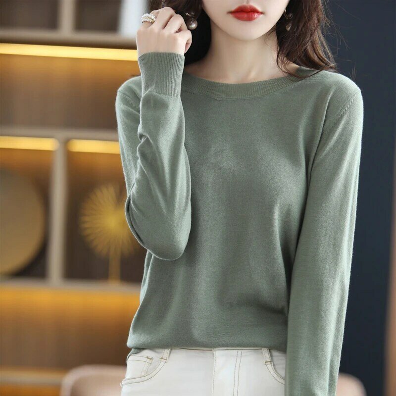 Feminino 2022 primavera outono nova versão coreana emagrecimento 100% lã pura camisola solta em torno do pescoço de fundo longo sleev espessamento