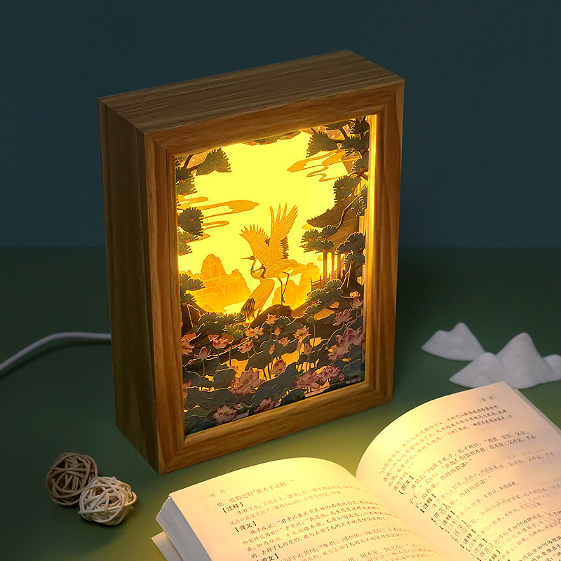 จิตรกรรมตกแต่งเครนกระดาษตัด Lampu Kotak กล่อง Led โคมไฟตั้งโต๊ะสำหรับ Dinding Kamar Tidur Art Room Decor ความงาม