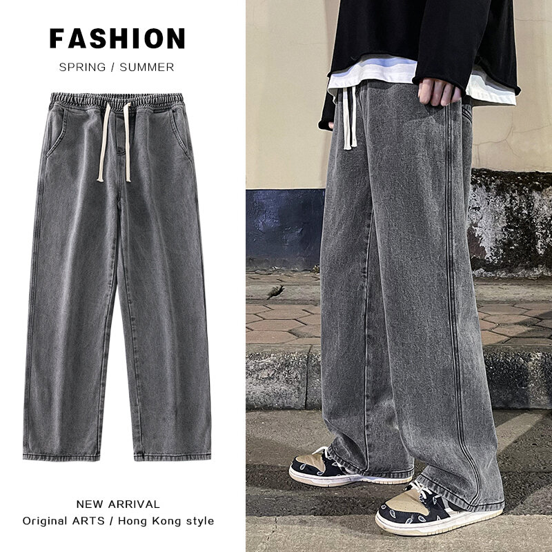 2023 nowe koreańskie modne luźne jeansy klasyczne proste proste workowate spodnie z szerokimi nogawkami Street spodnie w stylu Hip Hop 3XL czarny szary niebieski