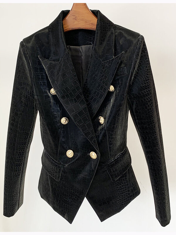 Jaket desainer 2024 mode Barok terbaru kualitas tinggi Blazer kulit imitasi buaya kancing logam singa untuk wanita