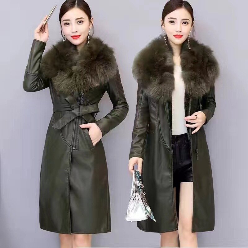 PU Leather Fur Collar Winter Coat Women Solid Adjustable Waist Mid-Length Slim Jacket 2023 New Fashion Lady Casual Warm Outwear