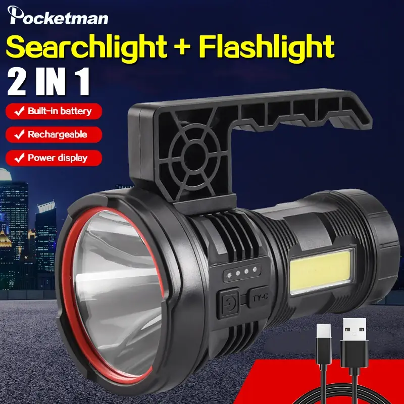 Rechargeable Waterproof Torch LED Searchlight Portable Camping Flashlight with Side Light USB C Outdoor Long Range Flood Lantern