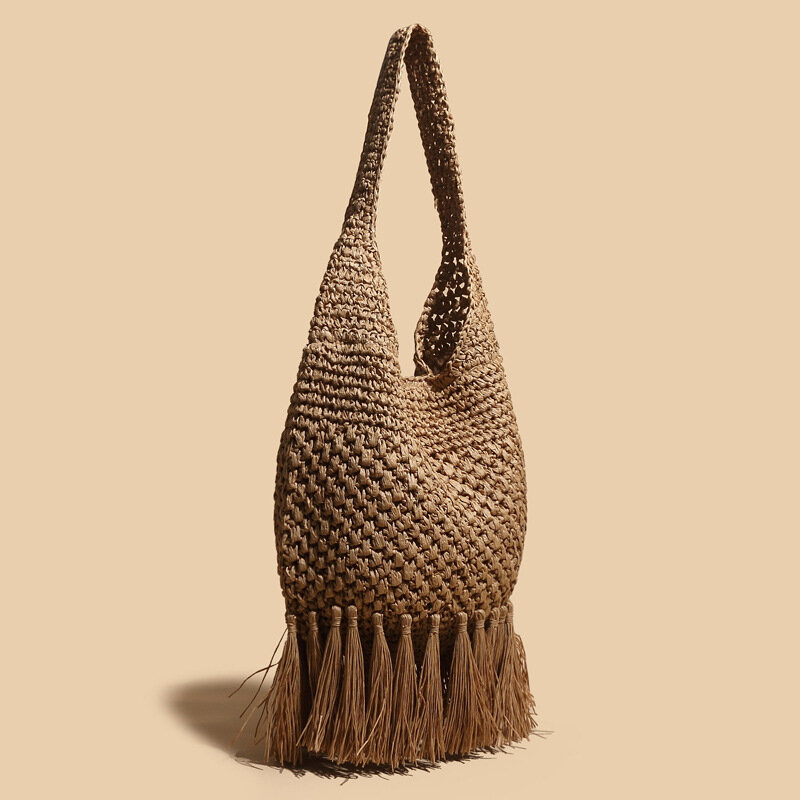 Tas tangan wanita tenun rotan tas jerami rumbai Fashion tas selempang bahu kertas buatan tangan mewah desainer pantai musim panas