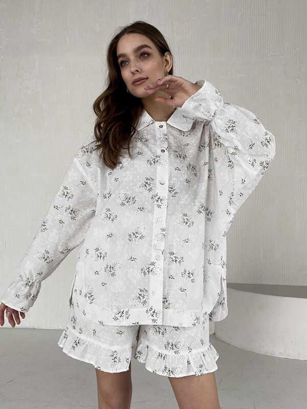 Mathaqiqi Loose Home Clothes For Women Long Sleeve Nightgowns Turn-Down Collar Pajamas Shorts Casual Women Nightie 2 Piece Suit
