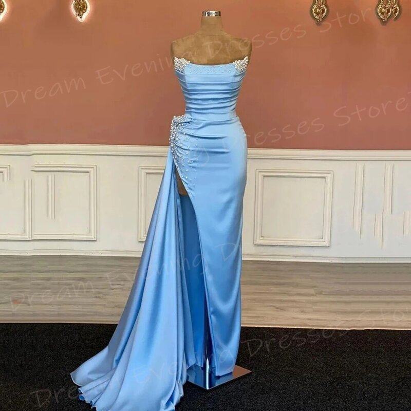 Generous Sky Blue Women's Mermaid Beautiful Evening Dresses Sexy Strapless Pearls Beaded Prom Gowns Side High Split فساتين سهرة