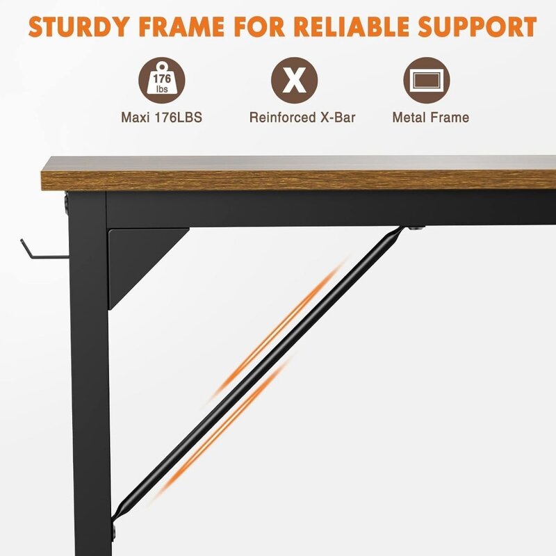 Computer Desk - Office 48 Inch Writing Work Student Study   Table with Storage Bag & Iron Hook for Home Bedroom - Rustic Brown