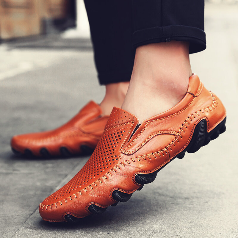 Sepatu flat wanita kulit asli Slip on kasual Fashion baru sepatu berjalan dangkal bernapas untuk pria luar ruangan Loafers Pria