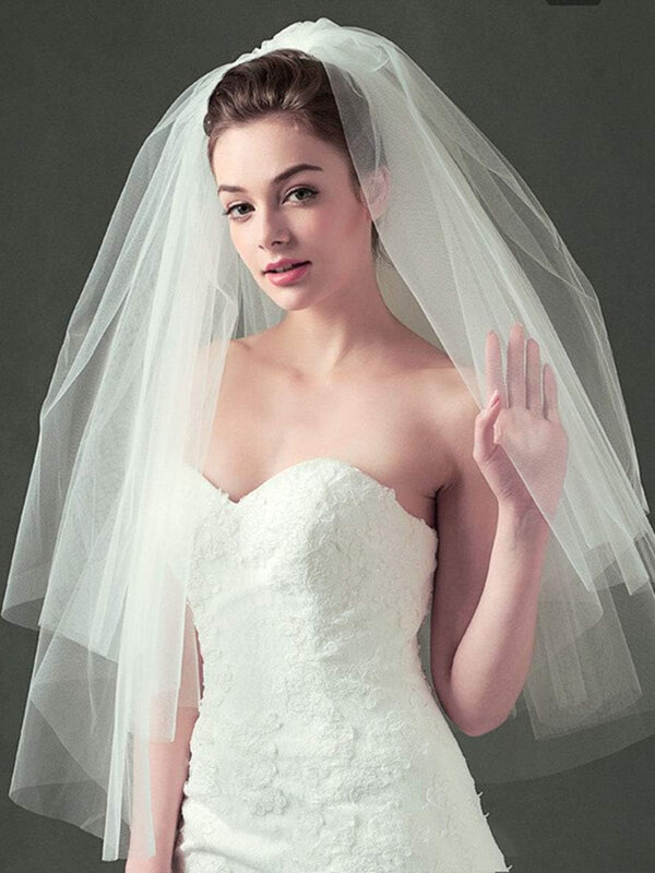 Véus de casamento brancos com pente para mulheres e meninas, véu blusher de tule, acessórios para cabelo noiva, curto 2 camadas, branco