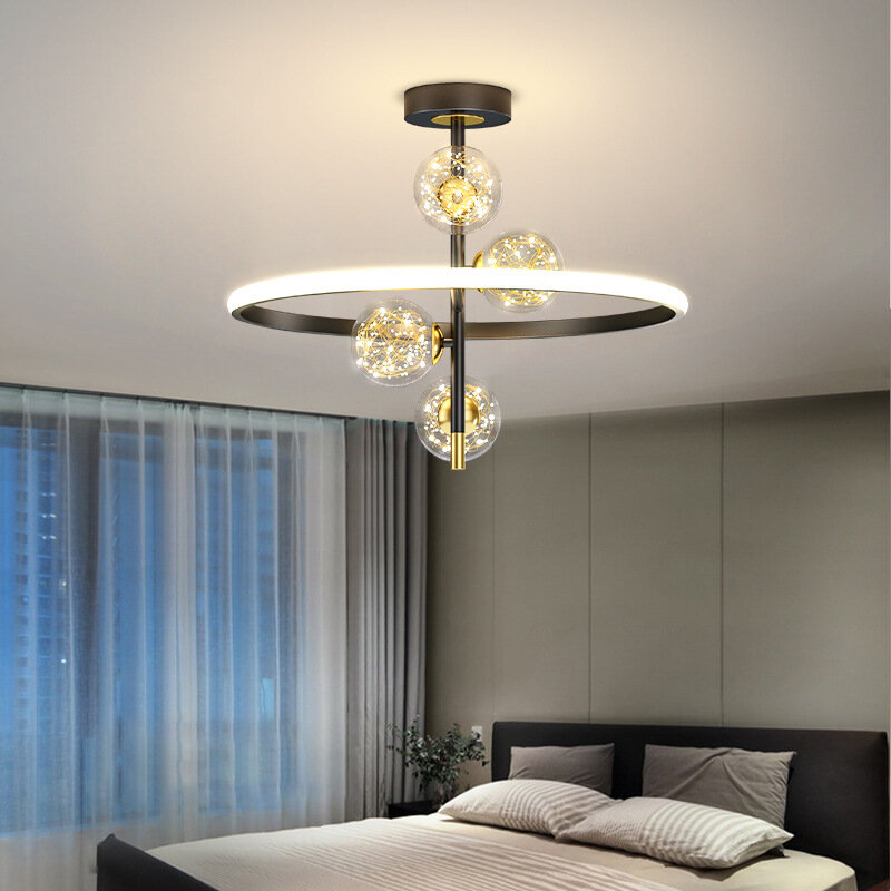 Lampu gantung cincin Nordic Modern LED, lampu gantung emas hitam untuk dekorasi kamar tidur ruang tamu lampu meja makan mewah