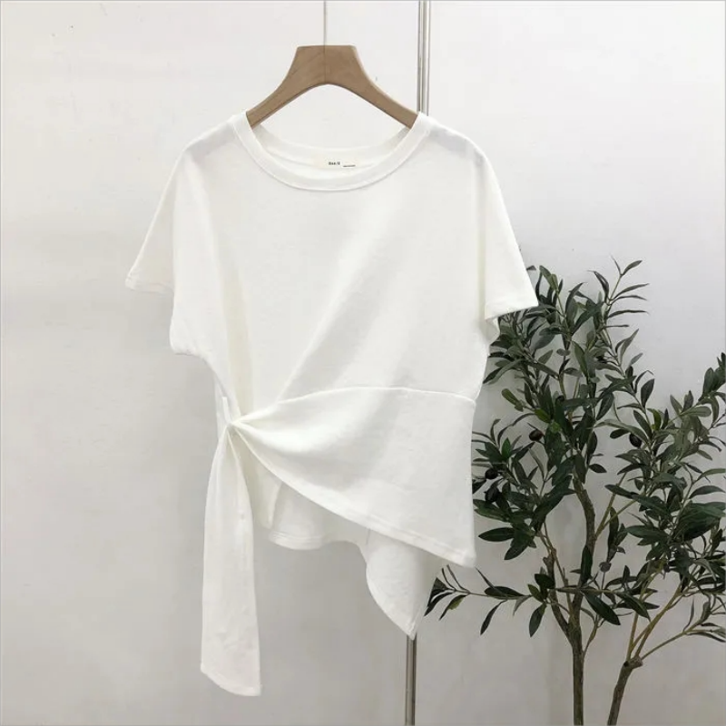 불규칙 디자인 캐주얼 셔츠, 단색 반팔, 올매치 셔츠, 한국 패션, 시크한 플리츠 트위스트 탑