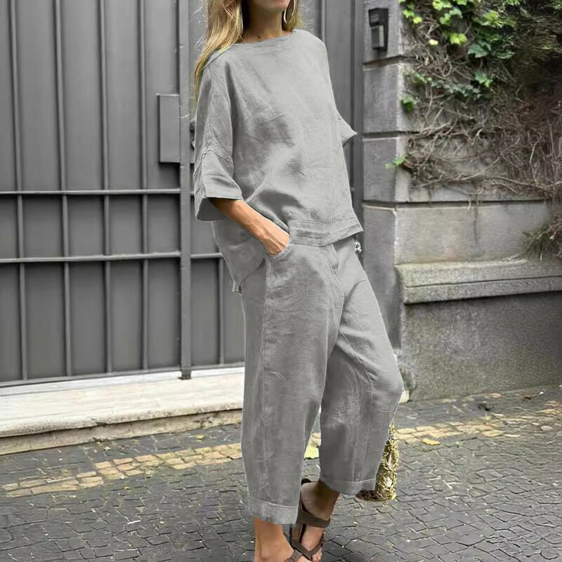Summer Two Piece Casual Set 2024 Elegant Short Sleeve O-Neck Shirts Top&Pockets Pants Outfits Women New Solid Trousers Suit