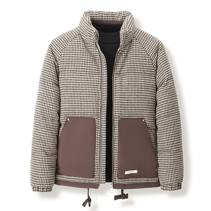Jaket kotak-kotak kasual pria, mantel hangat musim dingin mode jaket bebek putih tebal ritsleting 2023