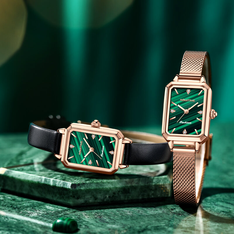 ROMITIME Top Luxury Brand Womens Fashion Quartz Wristwatches Square Green Ladies Watch Waterproof Diamond Watches for Women
