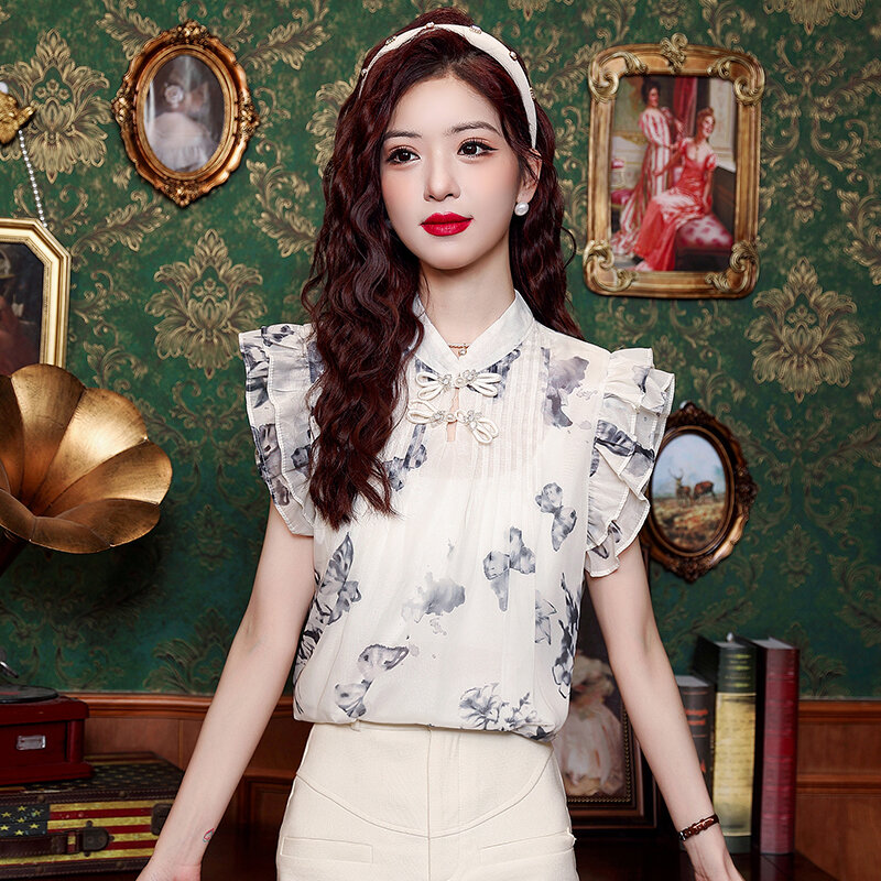 Miiiix-camisa de gasa con pintura de tinta china para mujer, Top de manga corta con botones, estilo chino, novedad de verano, 2024