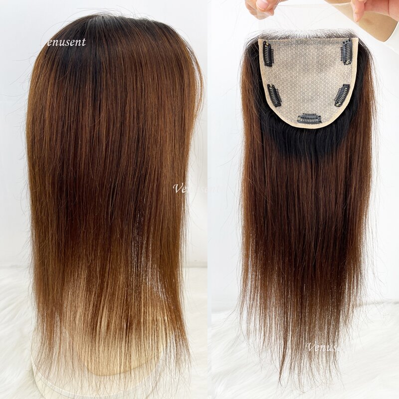 12x12cm Ombre Brown Silk Top Lace Closure Topper per capelli umani 5x5 "Remy Hair Skin Base chiusura con clip in due toni dritti