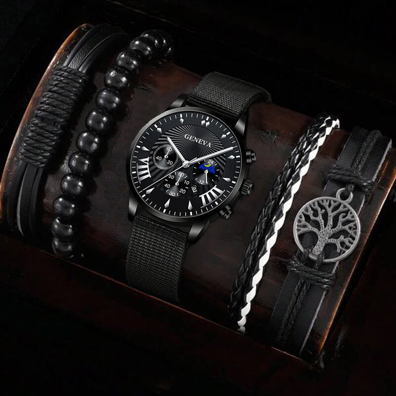 メンズブラックツリーオブライフクォーツ時計セット、ビジネス腕時計、ハンドロープラグジュアリー、スポーツ、カジュアル、ナイロンストラップ、ファッション、5個