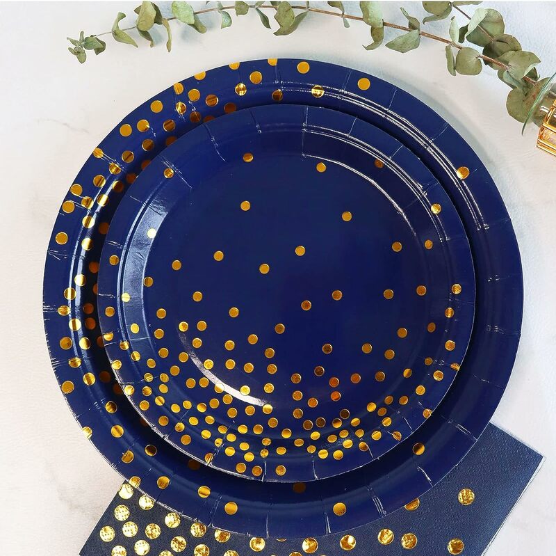 مجموعة أكواب للحفلات أطباق ورقية زرقاء مع نقاط ذهبية أزرق كحلي مستلزمات حفلات لحفلات استحمام الطفل ديكور حفلات الأعراس وأعياد الميلاد
