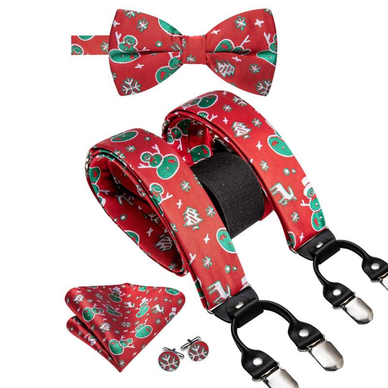 Hi-Tie คริสมาสต์ผ้าสโนว์แมนสำหรับผู้ชายสีแดงสีเขียวสายเอี๊ยมแฟชั่นสายรัดผูกโบว์คริสต์มาสทำจากโลหะมี6คลิป