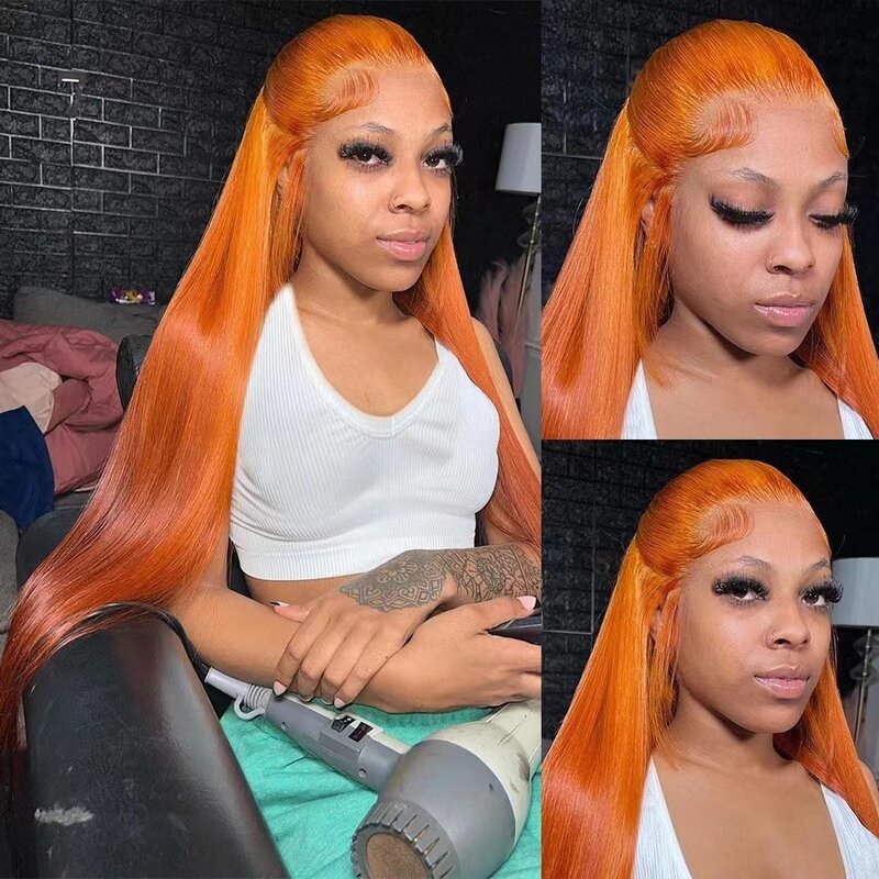 Peruca de renda frontal reta longa, cabeça cheia, cabelo humano feminino realista natural, peruca de destaque, moda laranja