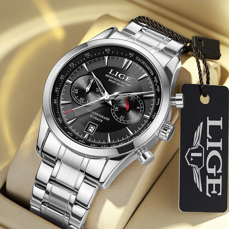 LIGE-reloj analógico de acero inoxidable para hombre, accesorio de pulsera de cuarzo resistente al agua con cronógrafo, complemento masculino de marca de lujo con esfera luminosa y diseño moderno