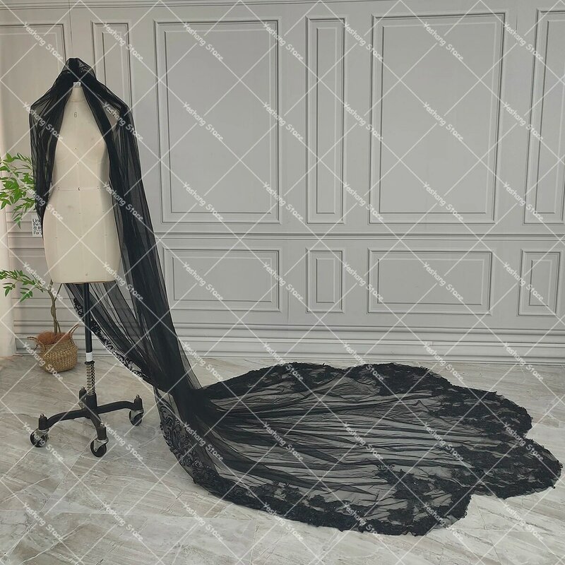 Black Cathedral Embroidered Bridal Veils Whimscial One Tier Tulle Made To Order Appliqued Trim Long Wedding Veil With Comb