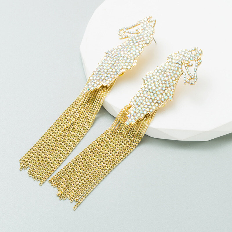 Boucles d'oreilles longues avec chaîne en métal doré pour femmes, bijoux populaires en strass, nouvelle mode, rue exagérée