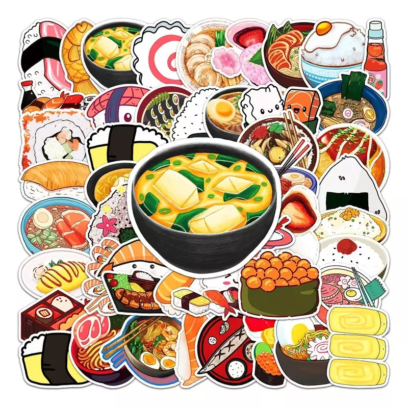 Stiker anti air grafiti kartun makanan Jepang, stiker dekorasi kotak perjalanan papan luncur gitar kulkas trendi kreatif 50 buah