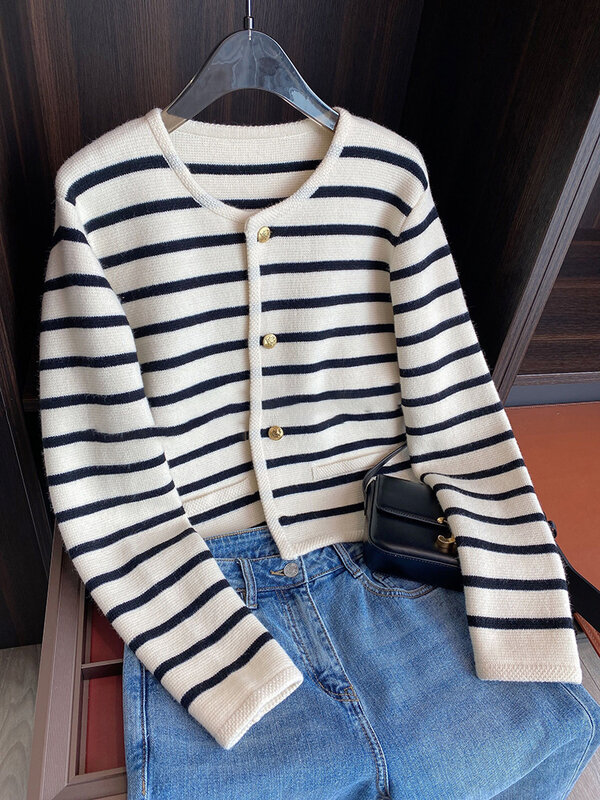 Women Spring Autumn Sweaters O-neck Stripe Knitted Cardigan Fashion Long Sleeve Casual Short Tops Korean Style New