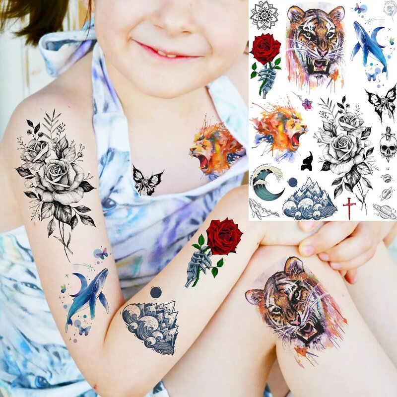 Tatuagens Temporárias de Animais Coloridos, Tatuagem Falsa, Adesivos, Realistas, Lobo, Leão, Flor, Papel, Mulheres, Homens, Adultos, 6 Folhas