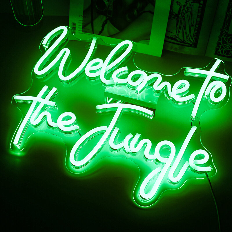 Bem-vindo ao Jungle Neon LED Sign, luzes decorativas verdes, decoração estética do quarto, USB Art Wall Lamp, Brilho Festa Festa Ornamentos