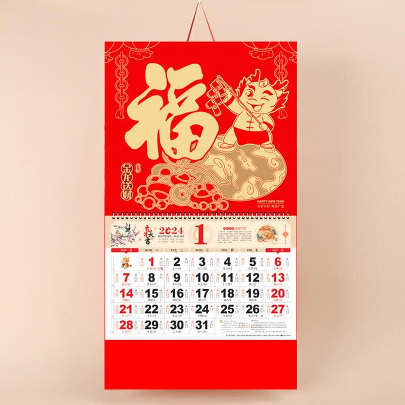 Family Use Wall Calendar 2024 Year of Dragon Wall Calendar Lunar Coil Page Turning Ornamental Chinese New Year Hanging for Home