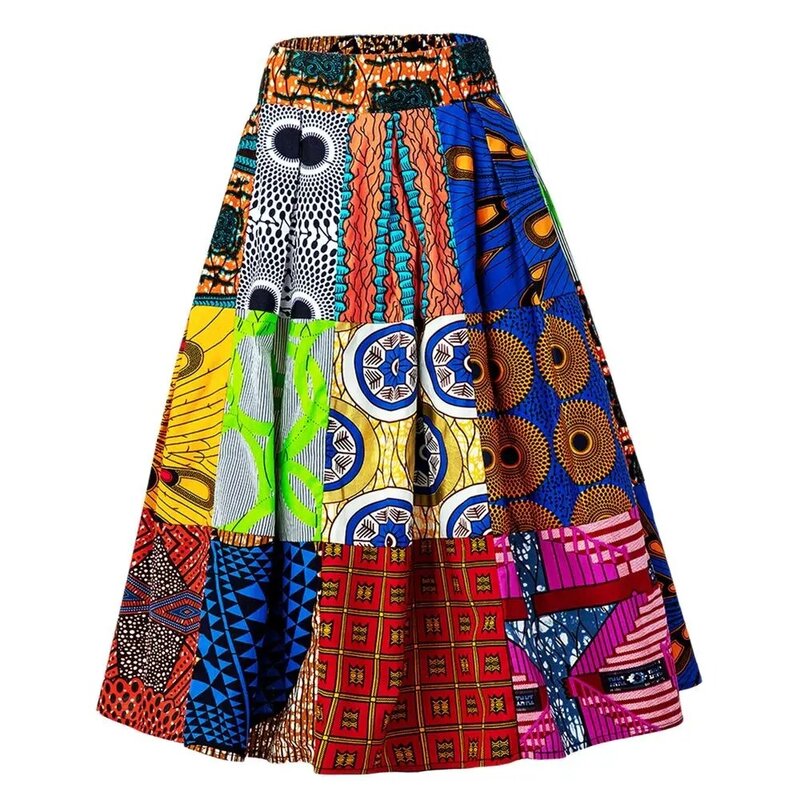 아프리카 여성용 탄성 다시키 프린트 코튼 스플라이싱 스커트, 데일리 캐주얼 패션