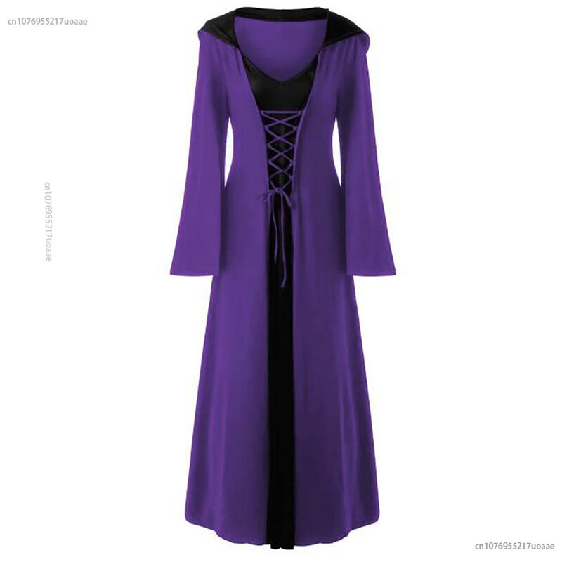 Średniowieczna sukienka dla kobiet sznurowana szata płaszcz z kapturem w stylu Vintage kostium dla dorosłych Retro Cosplay Halloween przerażająca długa suknia wiedźma wampira