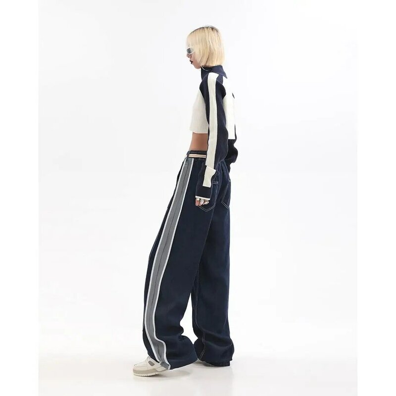 Amerikanischen high street gerade jeans frauen herbst vintage design gefühl gespleißt high-taille mopp breite bein hosen trendy ins