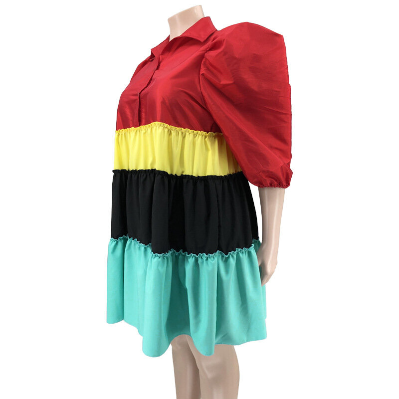 Plus Size Farbe Patchwork elegant locker kurzes Kleid Sommer kurze Puff ärmel Freizeit kleider Streetwear Mode Vestidos Roben