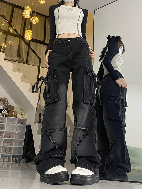 Женские винтажные мешковатые джинсы-карго QWEEK Y2K, уличная одежда, готические широкие джинсы со звездами и накладными карманами, джинсы в стиле панк, Харадзюку, 2000s