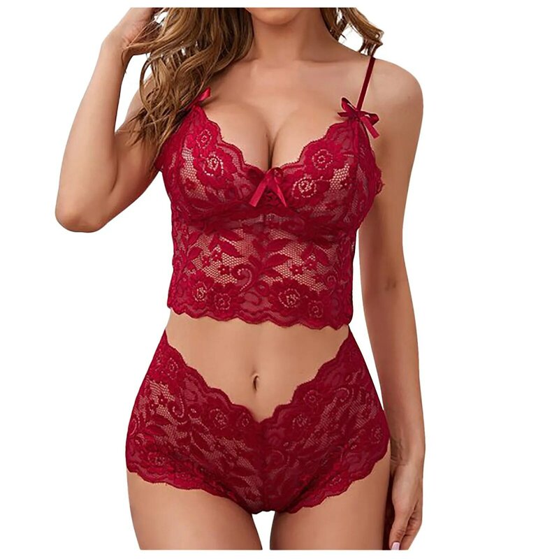 Erotic Lingerie Sexy Perspective Floral Lace Sling Adjustment Chest Three-point Suit Babydolls Costumes Ladies Sleepwear
