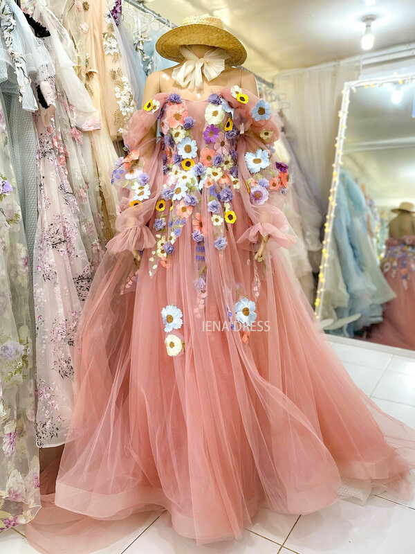 Cute Pink Embroidered Flower Photography Dress with Long Train V-neck Puff Sleeves A-line Wedding Evening Dress Birthday Gown