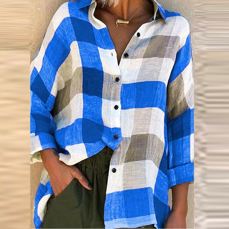Chemise à manches longues imprimée à carreaux pour femmes, chemisiers boutonnés, col rabattu, mode décontractée, coton, lin