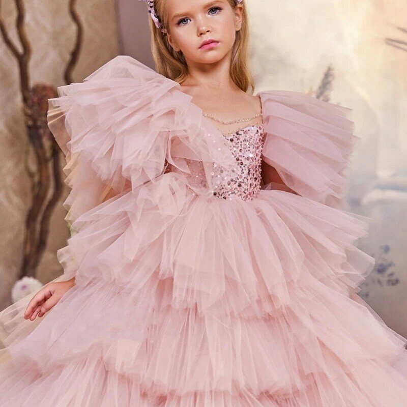 Ruffle Layered Flower Girl Dress For Wedding Applique Sequin Tulle Puffy Beading Birthday Party Dress First Communion Ball Gowns