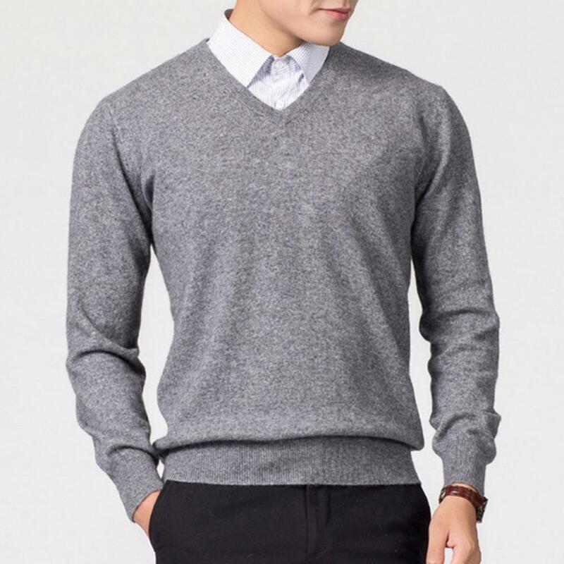 Men Sweater Men's V-neck Solid Color Sweater Slim Fit Knitwear Thick Pullover Jumper for Autumn Winter Comfort Long Sleeve Men